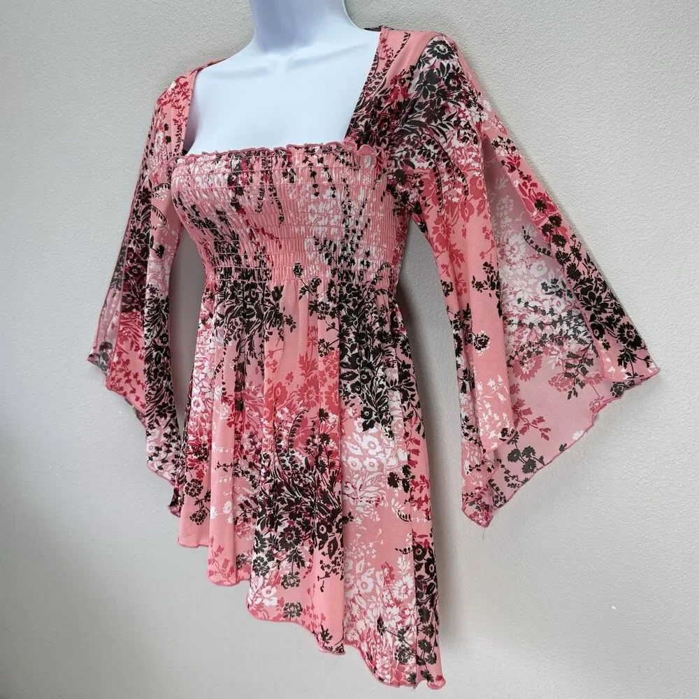 Vtg Y2K Fairy Top Size M Smocked Asymmetric Bell Sleeve Whimsi Ethereal Dainty - Picture 2 of 12